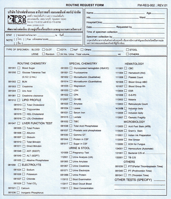 Standard blood tests as provided at SWU Clinic, at Srinakharinwirot University, Bangkok