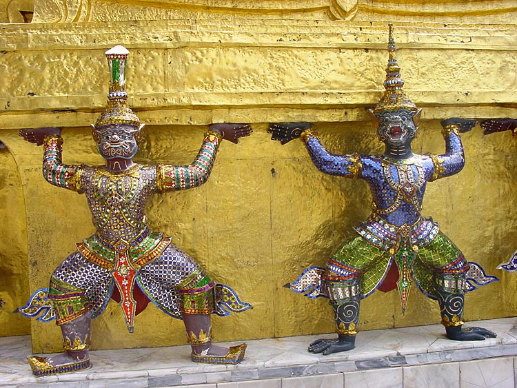 Demon and Monkey Caryatides on one of two gilded stupas, close to the Royal Pantheon 