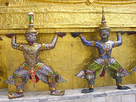 Demon and monkey caryatides on one of the two gilt stupas, close to Royal Pantheon.