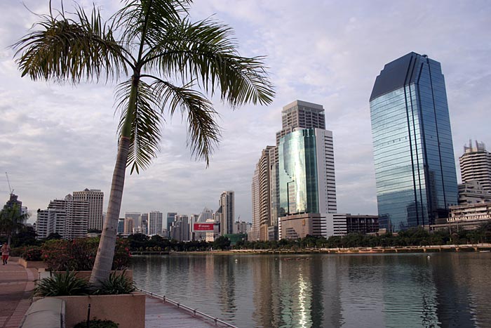 Close to sunset - View of Lake Ratchada and buildings along Ratchadapisek Road.