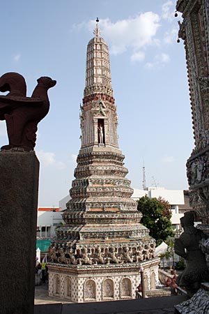 One of 4 small prangs surrounding the main prang at Wat Arun (Temple of Dawn), Bangkok