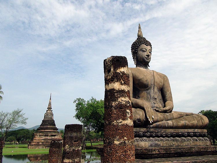 Buddha in posture of Subduing Mara, Ordination Hall of Wat Mahathat, Sukhothai